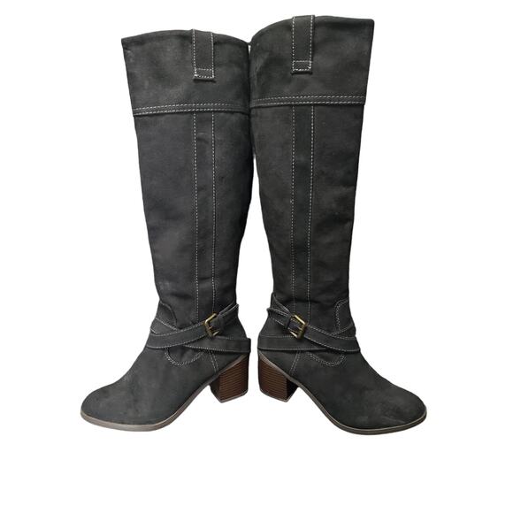 New Direction Black Suede Like Material Buckle Harness Strap High Heel Boots - Picture 4 of 10